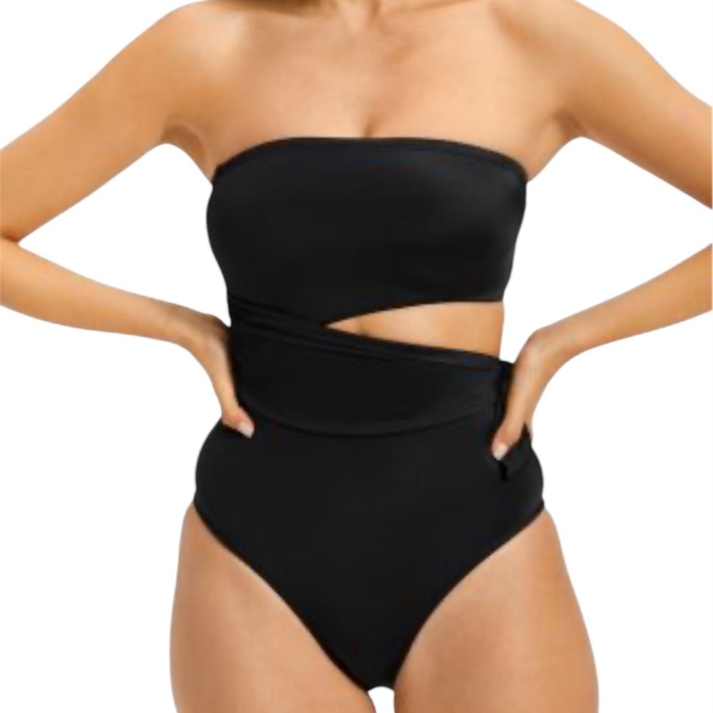 Good American Strapless Cut Out Side Tie Swimsuit